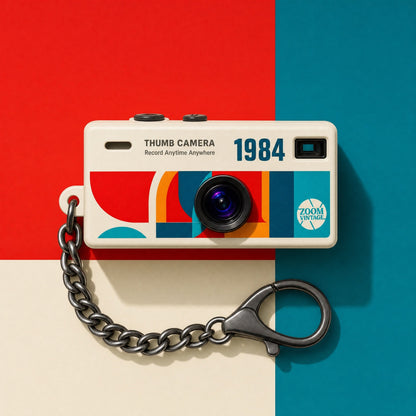 RetroShot camera front view on colour-blocked background
