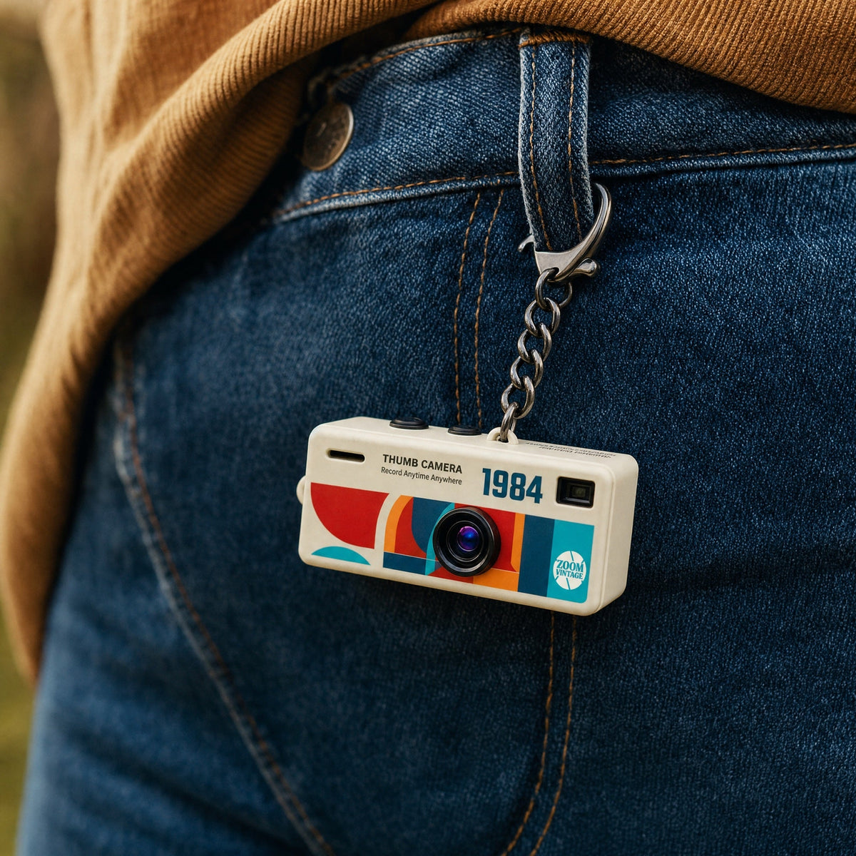 RetroShot camera clipped to a jeans belt loop